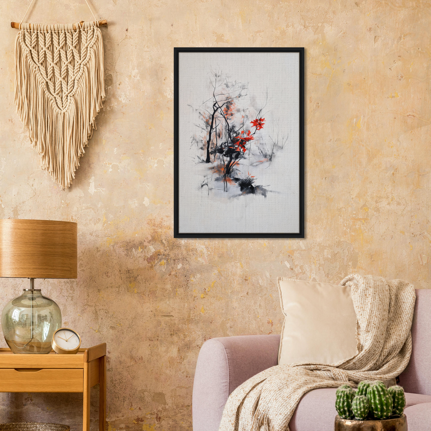 Framed canvas print of Leafless Whisper Blaze with red and black brushstrokes