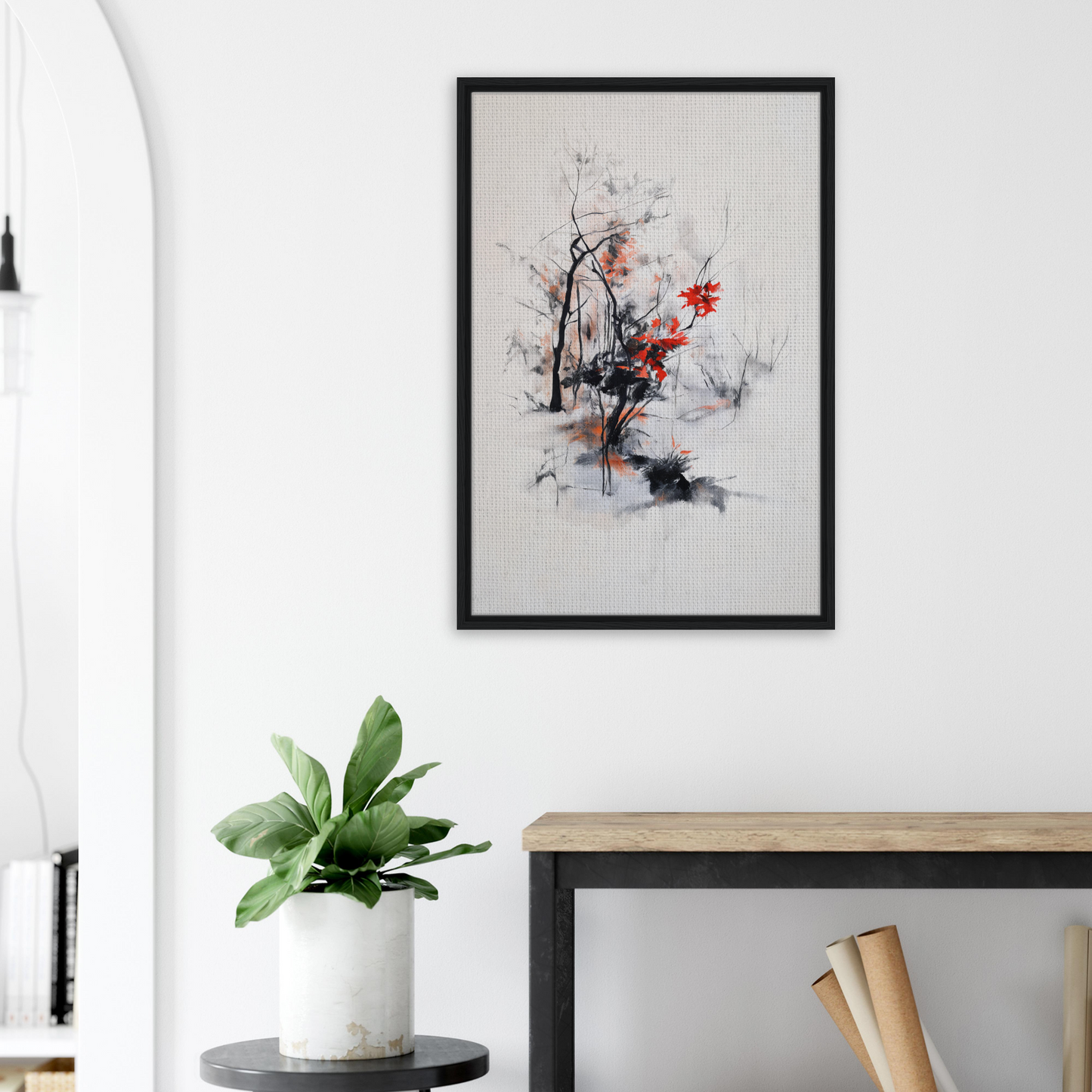 Framed abstract artwork, Leafless Whisper Blaze, enhances room decor with floral elements