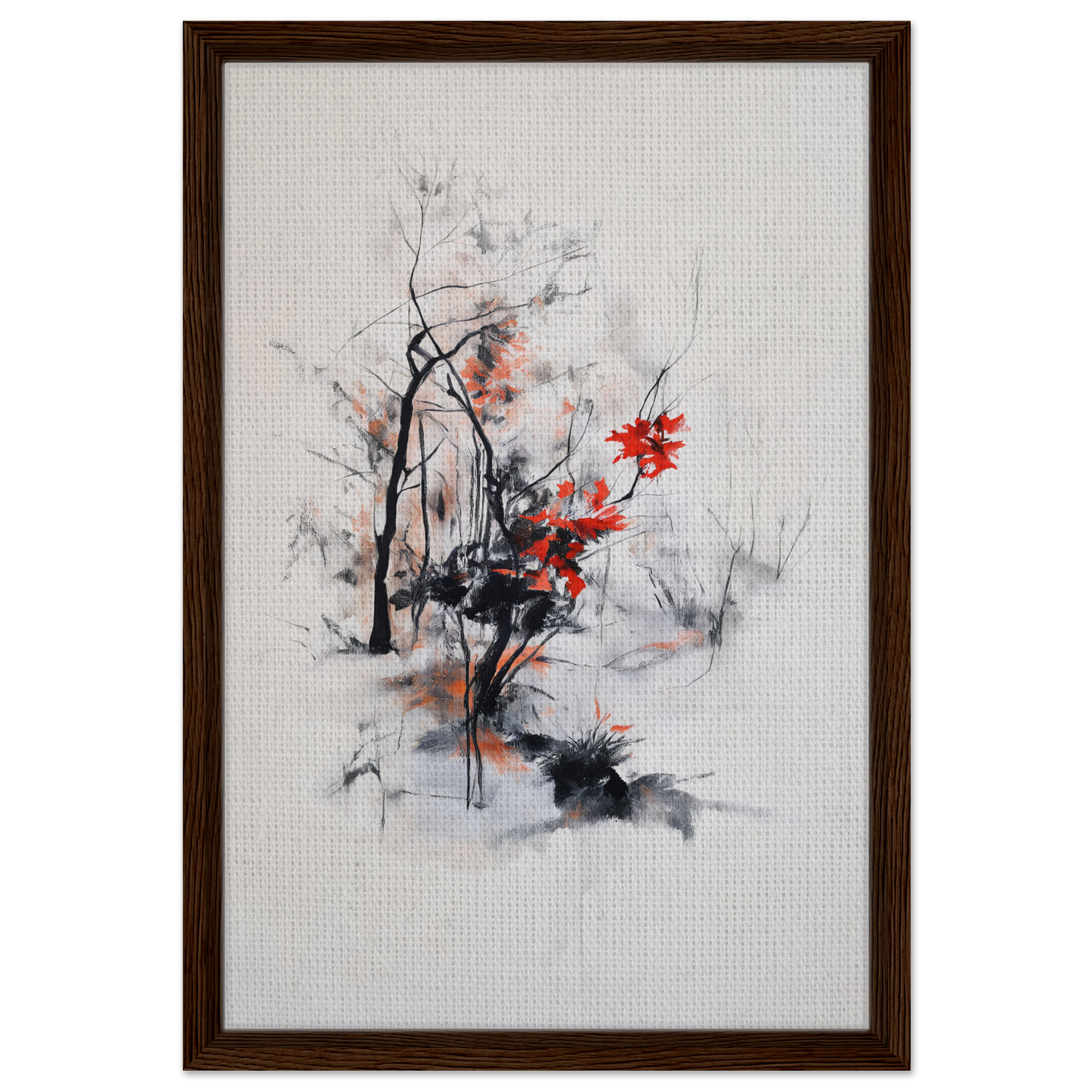 Framed abstract artwork with black brushstrokes and red splashes, Leafless Whisper Blaze