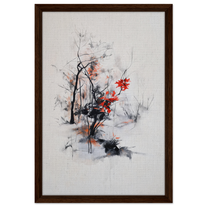 Framed abstract artwork with black brushstrokes and red splashes, Leafless Whisper Blaze