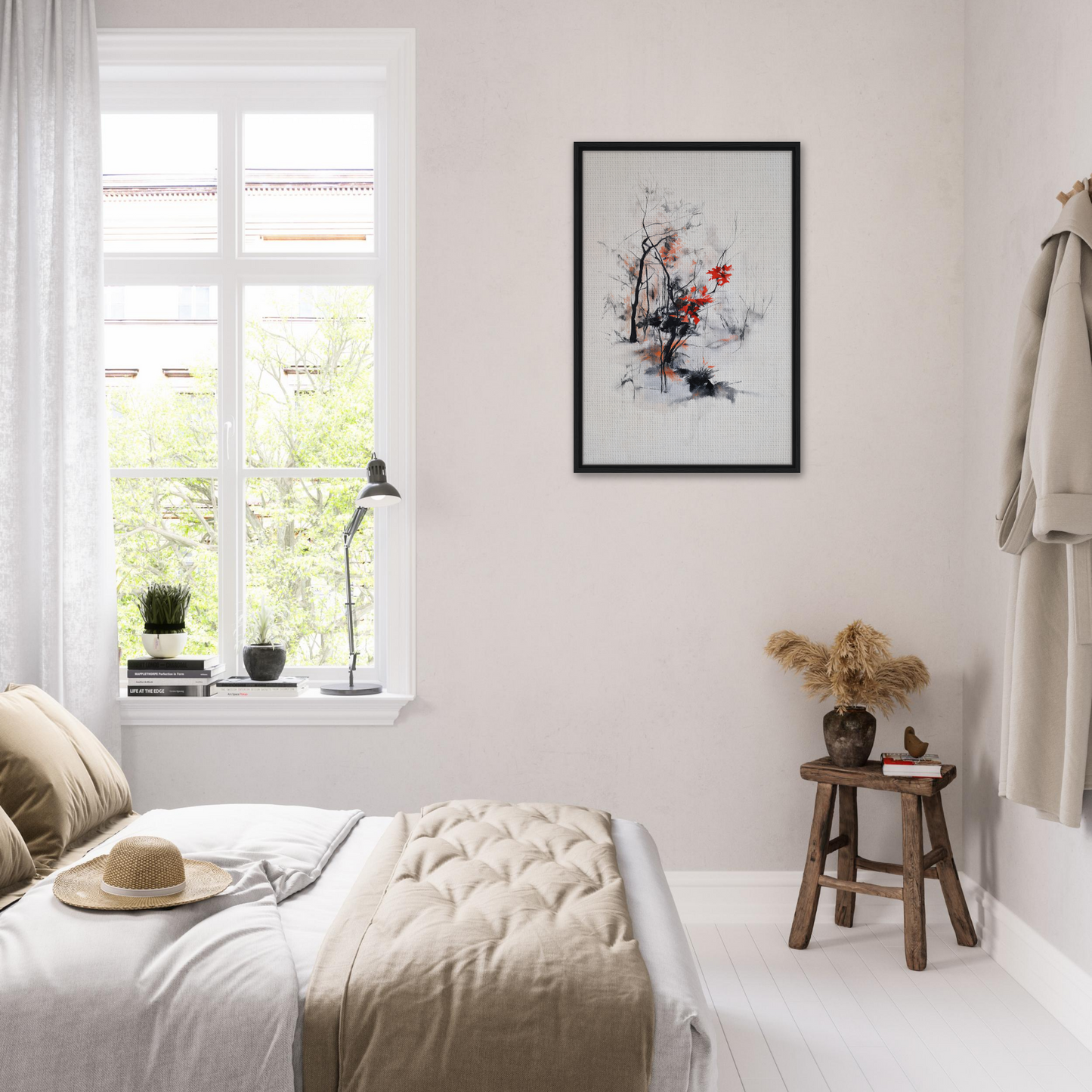 Bright minimalist bedroom with white walls and bedding featuring Leafless Whisper Blaze decor