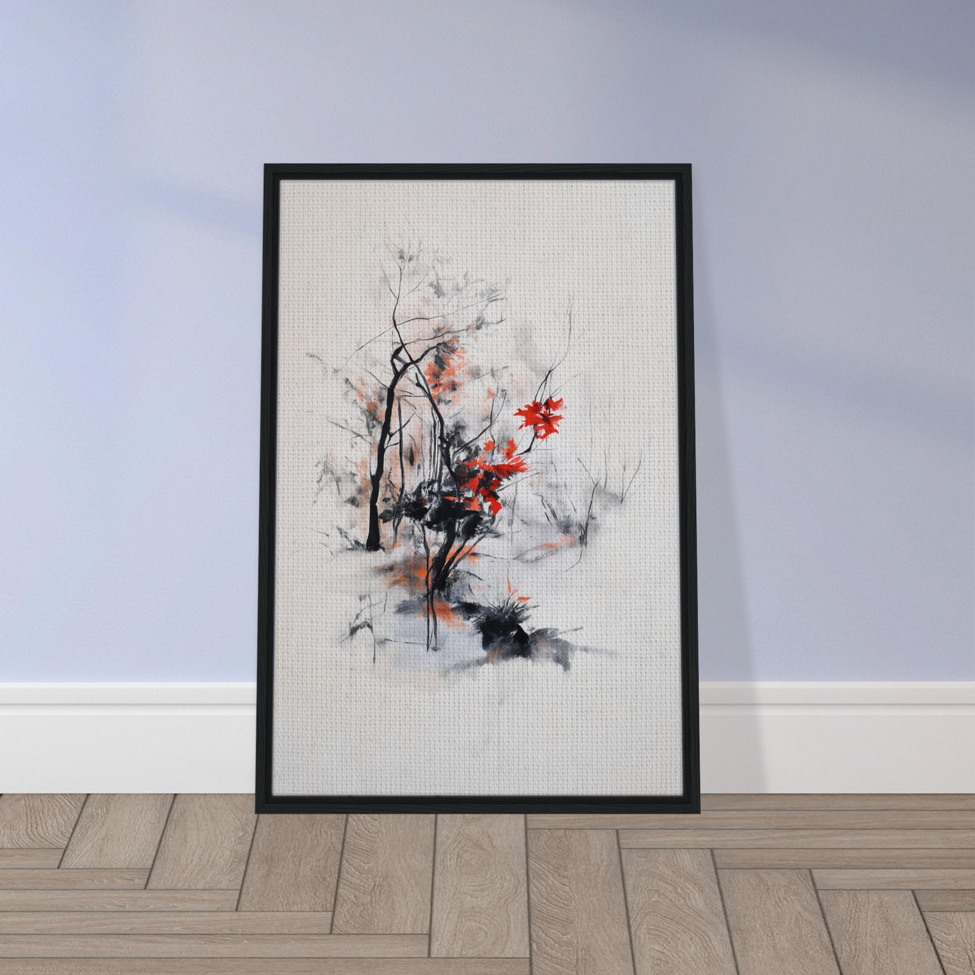 Framed canvas print of Leafless Whisper Blaze featuring minimalist red floral artwork