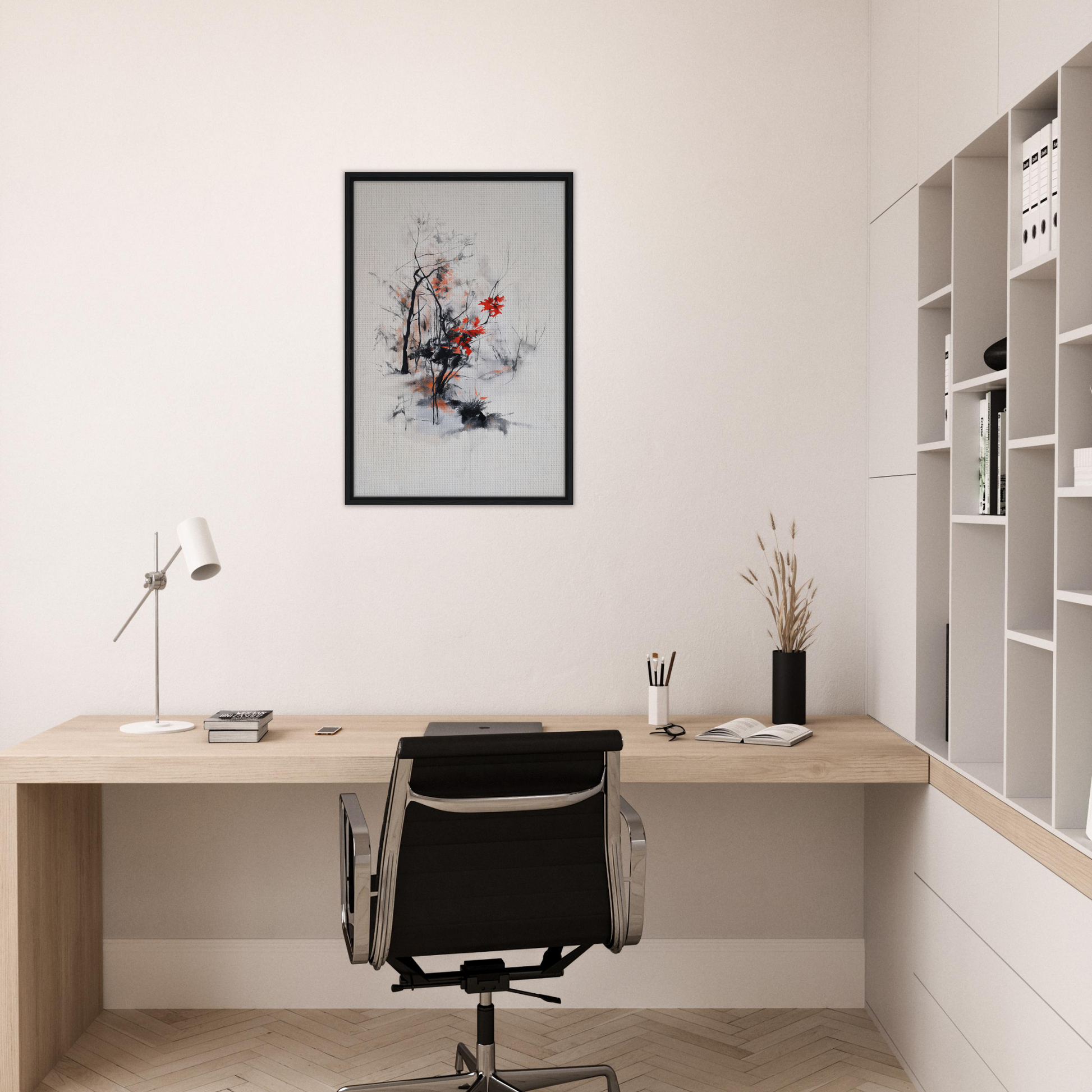 Minimalist home office featuring Leafless Whisper Blaze, black chair, and framed canvas print