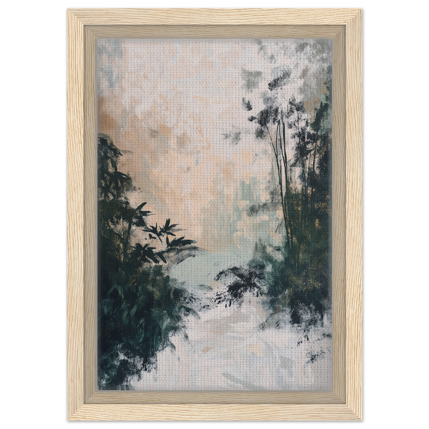 Framed canvas print of Leafy Whisper Odyssey showcasing a misty forest landscape