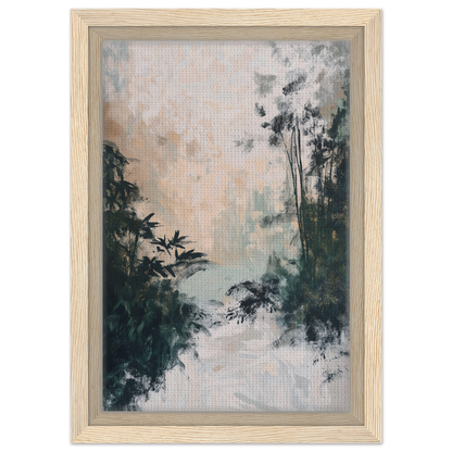 Framed canvas print of Leafy Whisper Odyssey showcasing a misty forest landscape