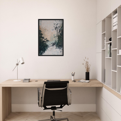 Minimalist wooden desk with black chair in Leafy Whisper Odyssey home workspace