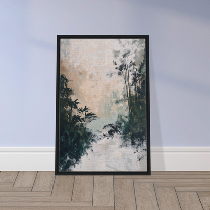 Framed Leafy Whisper Odyssey artwork of a misty forest for elegant room decor