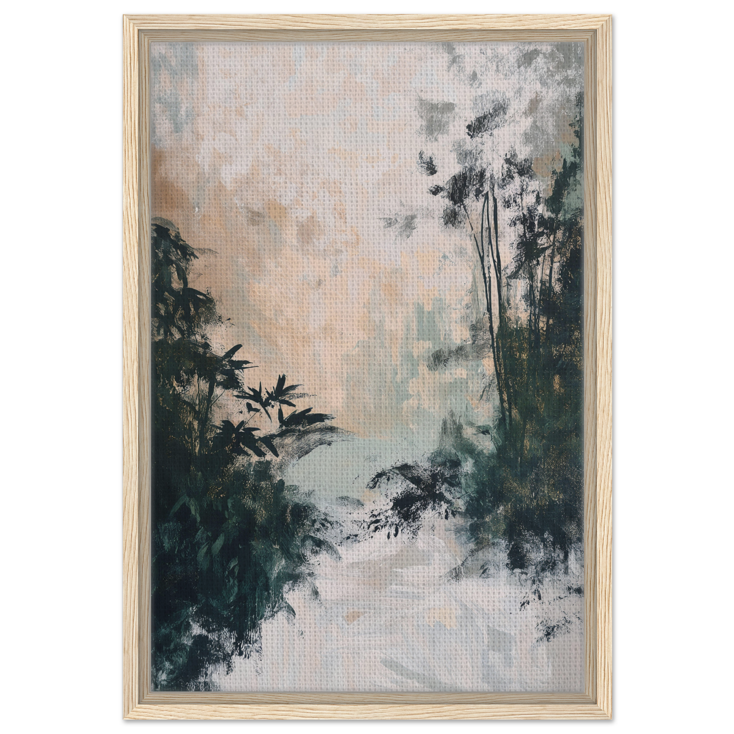 Framed canvas print of a misty forest in the Leafy Whisper Odyssey collection