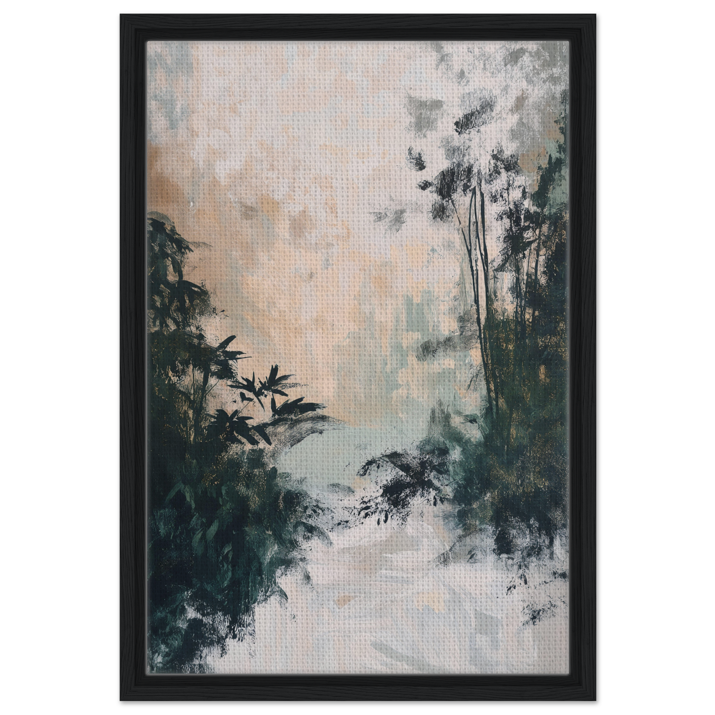 Abstract landscape painting of a misty forest, ideal for Leafy Whisper Odyssey Framed Canvas Print