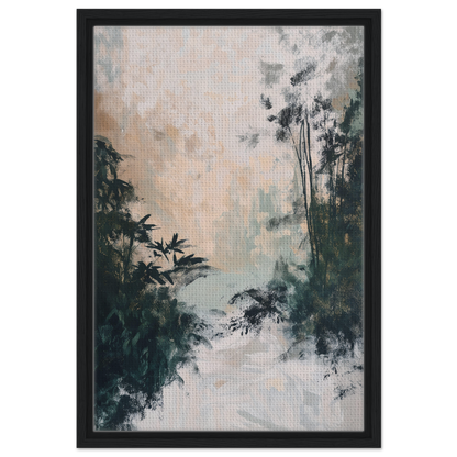 Abstract landscape painting of a misty forest, ideal for Leafy Whisper Odyssey Framed Canvas Print