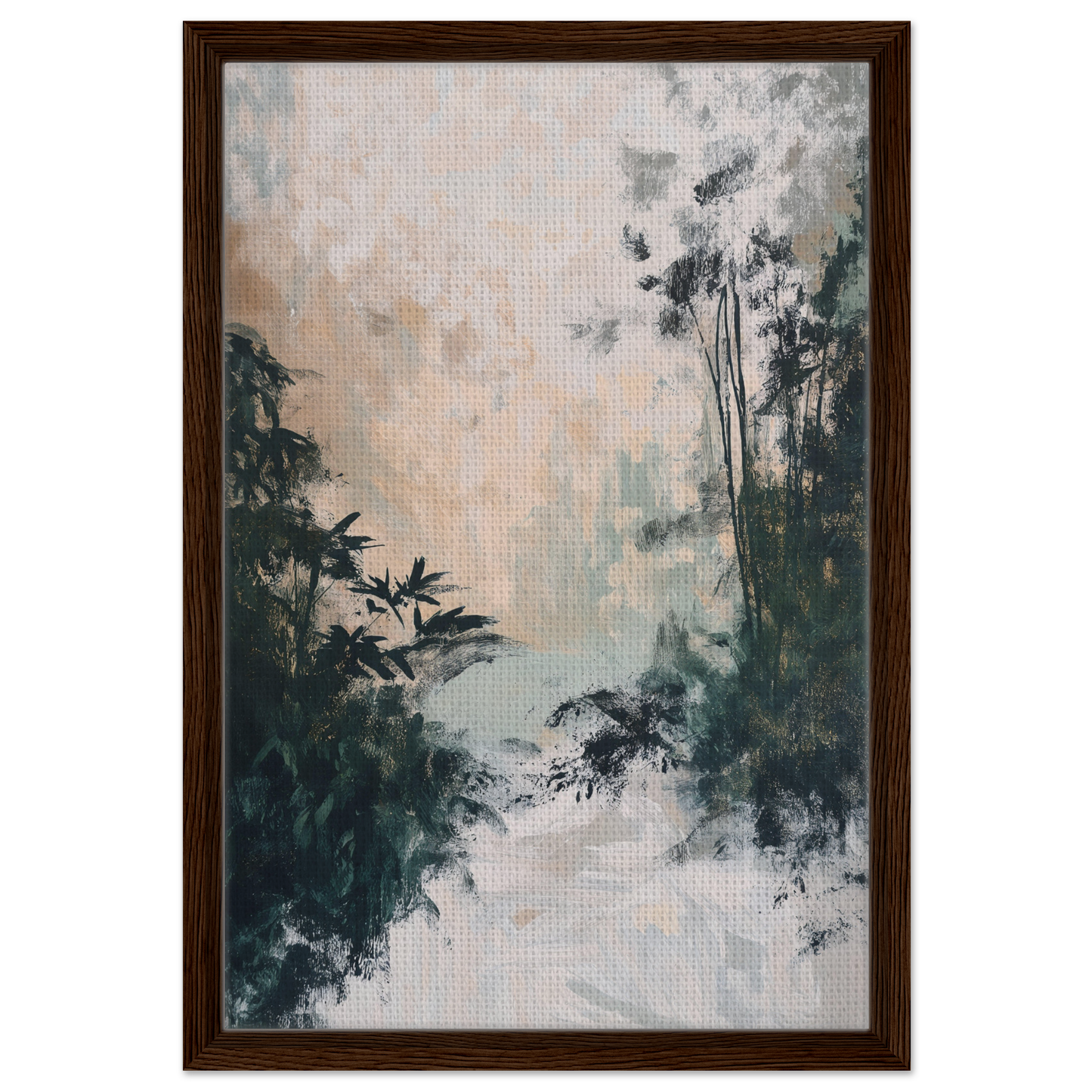 Framed canvas print of a misty forest in Leafy Whisper Odyssey design