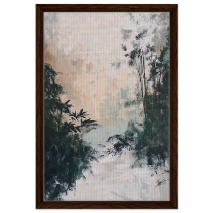 Framed canvas print of a misty forest in Leafy Whisper Odyssey design