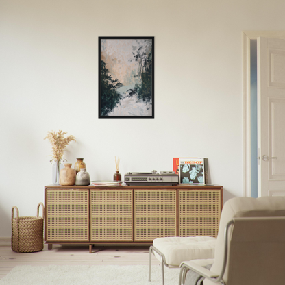 Wooden sideboard with cane-webbed doors enhances Leafy Whisper Odyssey room decor