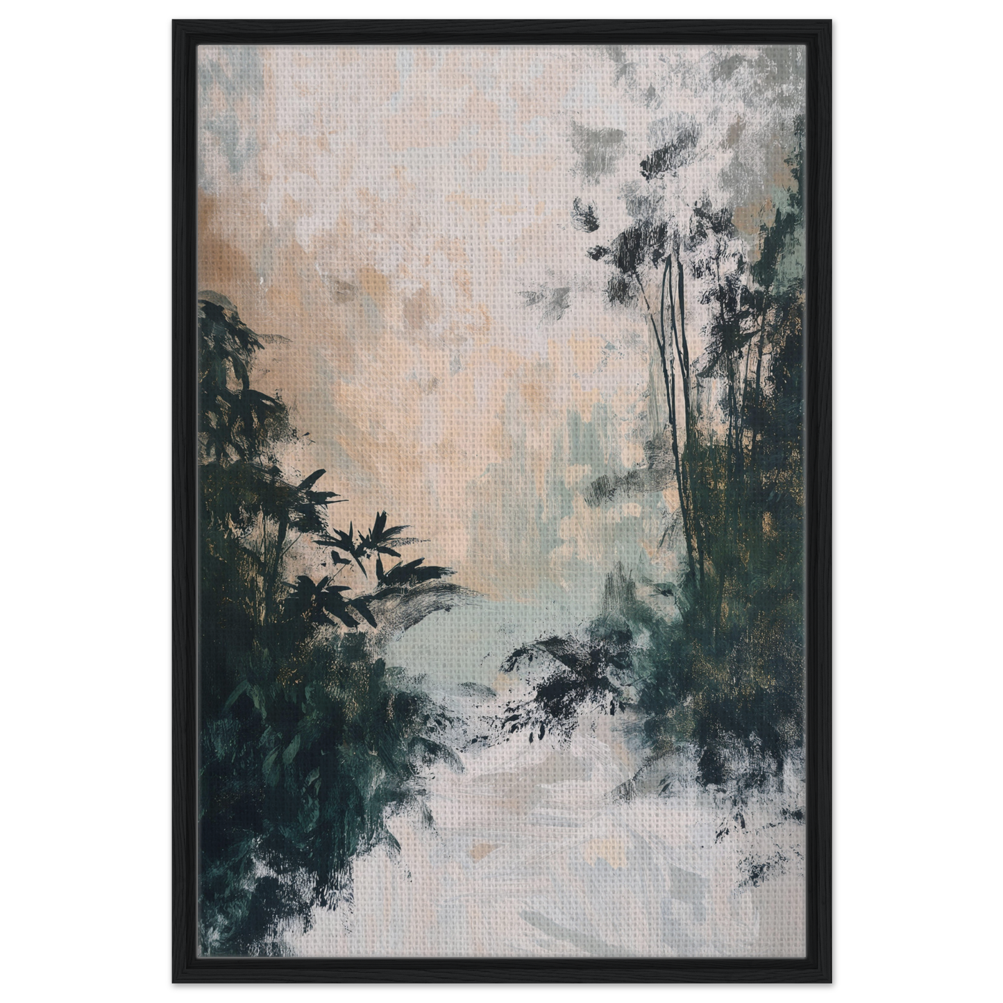 Abstract landscape painting of misty forest silhouettes for Leafy Whisper Odyssey