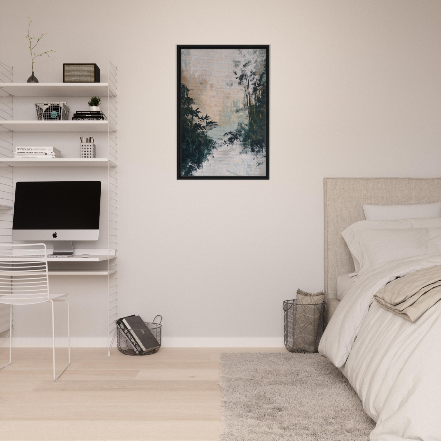 Minimalist bedroom featuring Leafy Whisper Odyssey framed canvas print with white walls