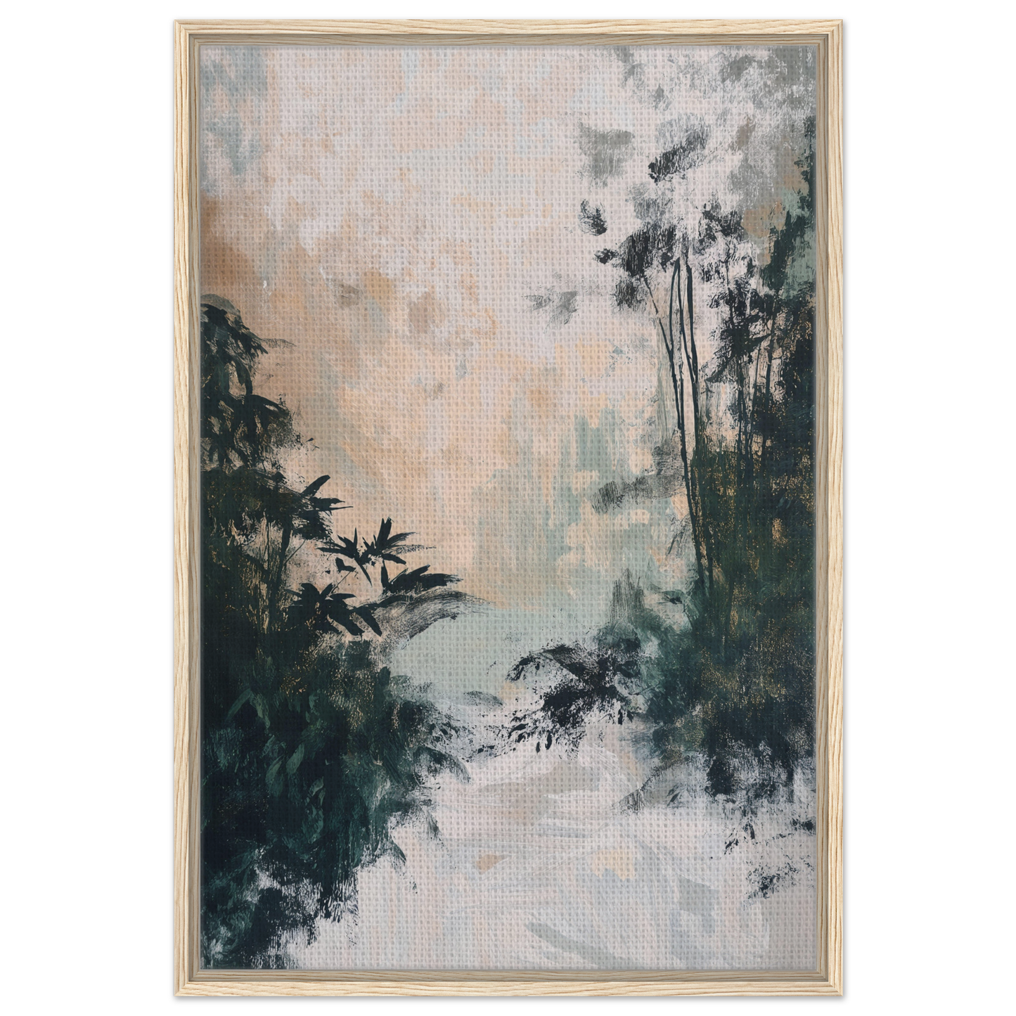 Framed painting of a misty forest for Leafy Whisper Odyssey room decor