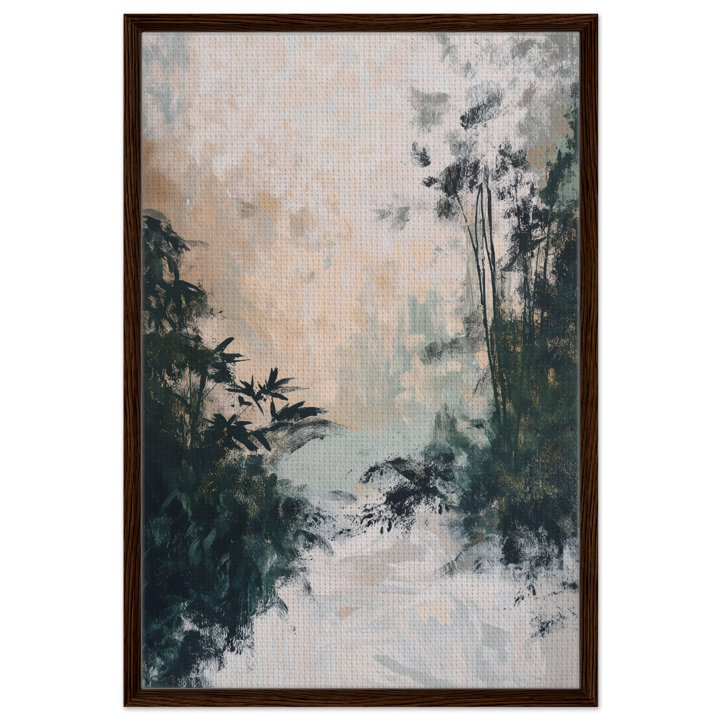 Framed canvas print of a misty forest landscape from Leafy Whisper Odyssey