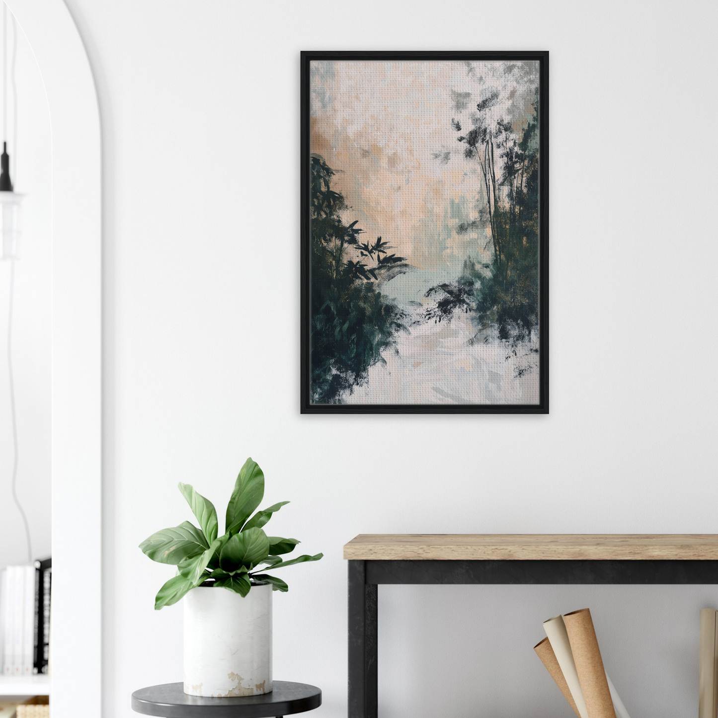 Framed abstract landscape painting of misty forest silhouettes for Leafy Whisper Odyssey room decor