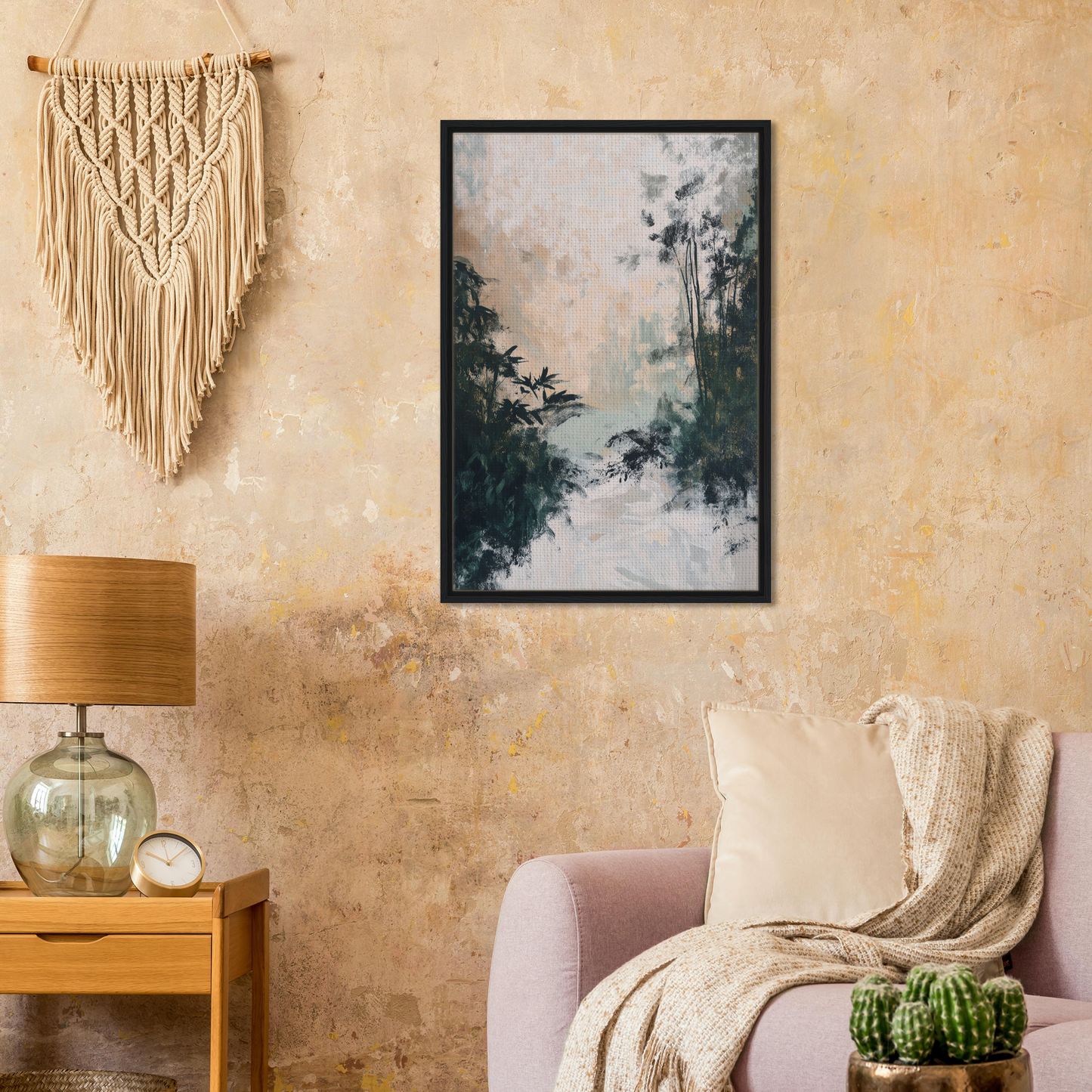 Framed painting of a misty forest landscape for Leafy Whisper Odyssey room decor