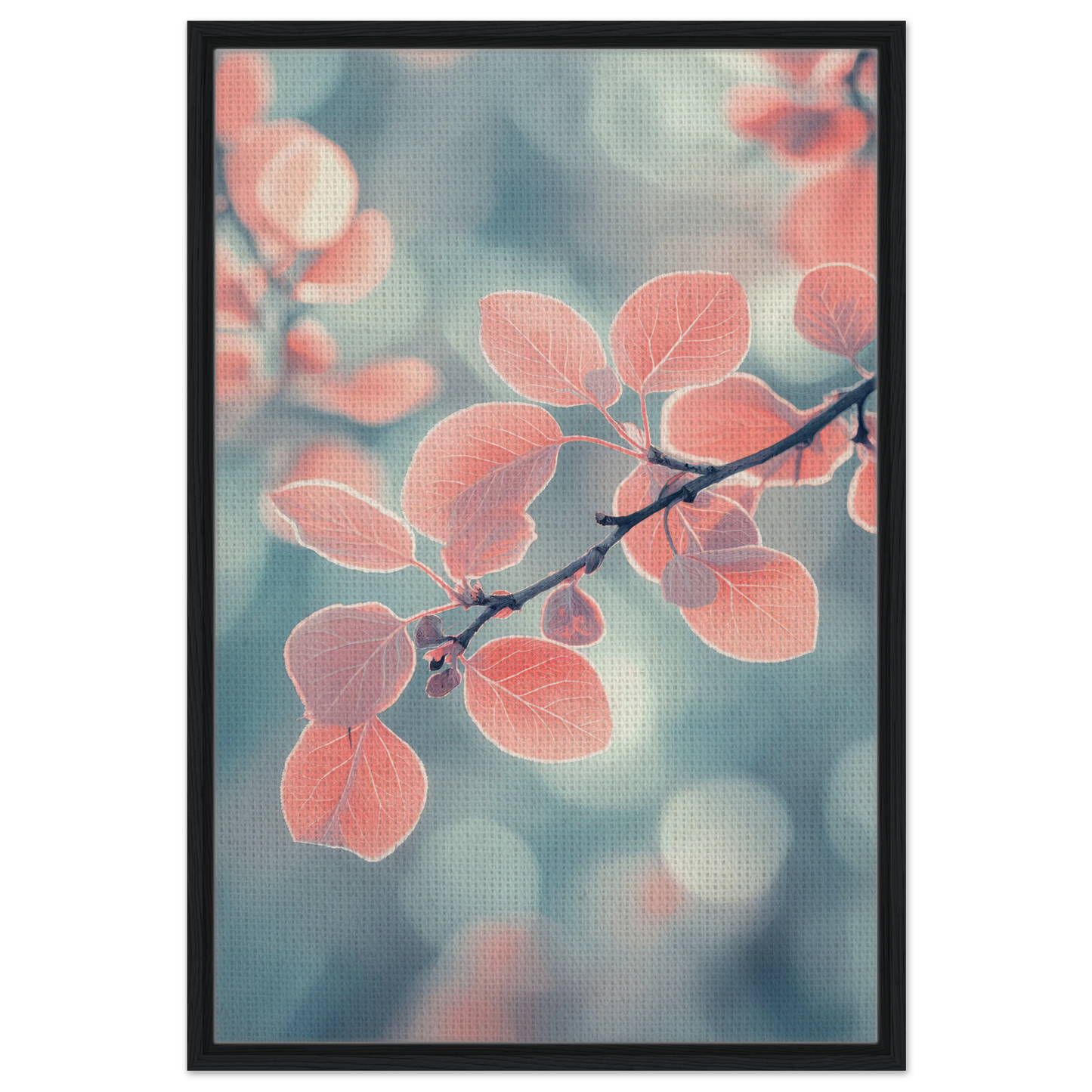 Delicate pink leaves on a branch in Leaves Transcendent Whirl framed canvas print