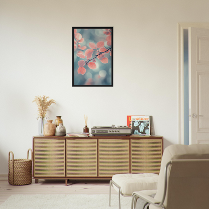 Wooden sideboard with cane-webbed doors and decor atop Leaves Transcendent Whirl