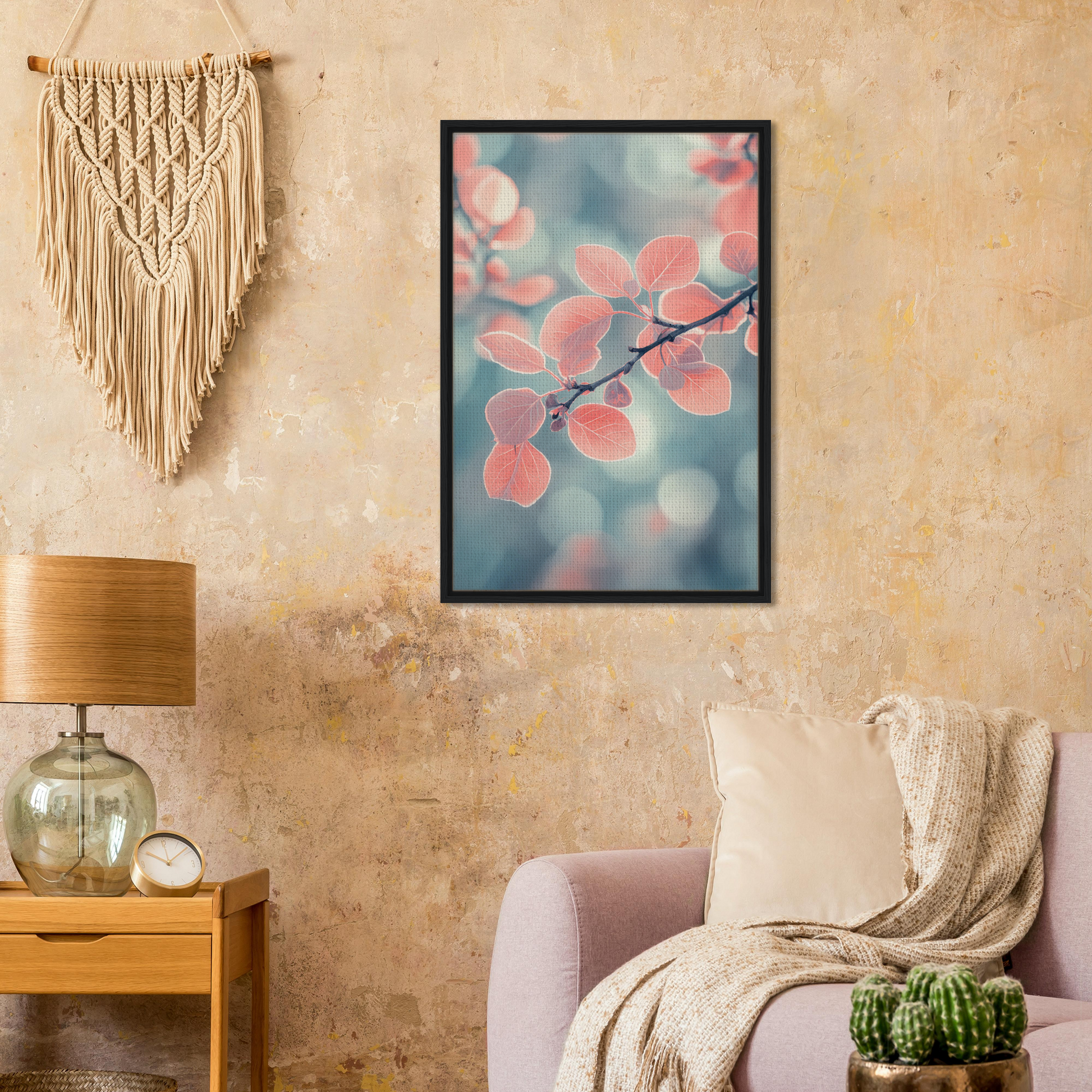 Framed canvas print of pink cherry blossoms on soft blue in Leaves Transcendent Whirl