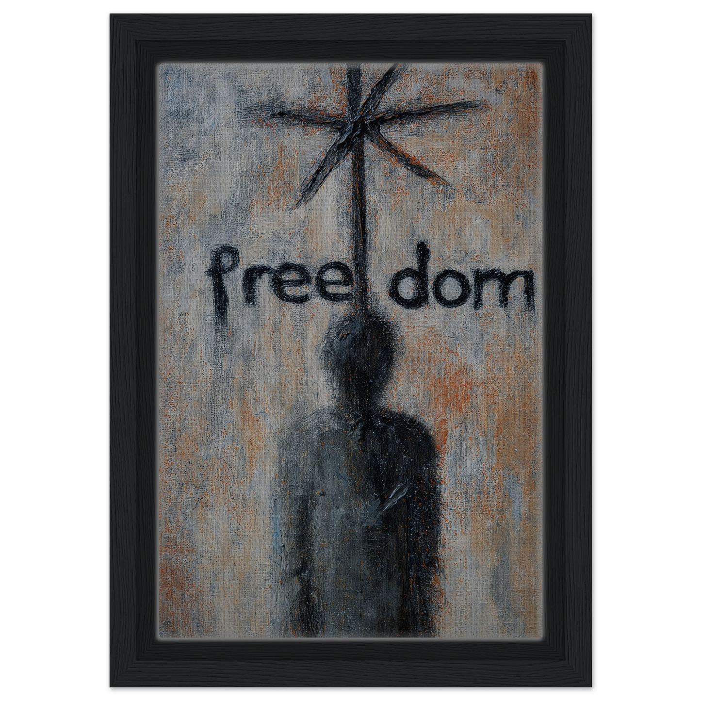 Painting of a shadowy figure beneath the word freedom for Liberation Illusive Dream room decor