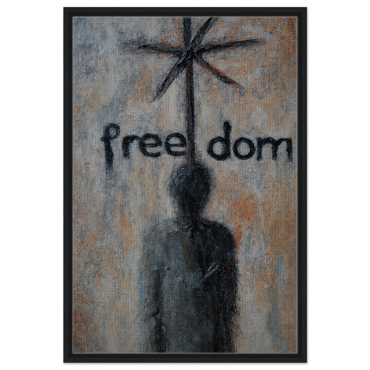 Painting of a shadowy figure under the word freedom in the Liberation Illusive Dream print