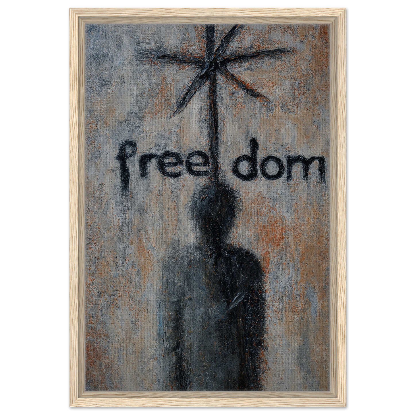 Abstract painting featuring a shadowy figure and the word freedom for Liberation Illusive Dream room decor