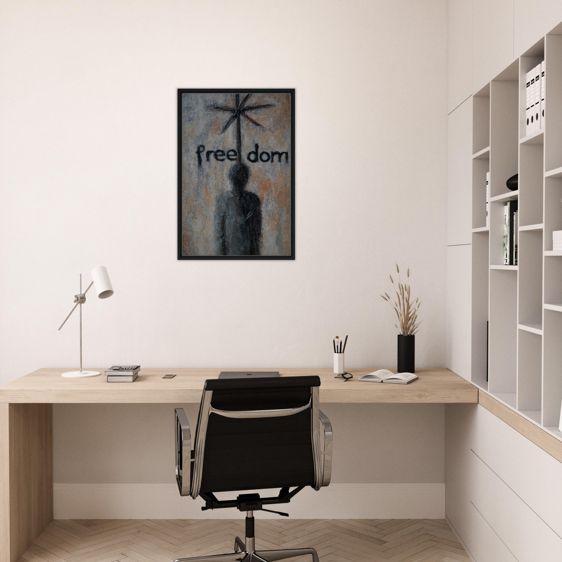 Minimalist home office showcasing Liberation Illusive Dream with wooden desk and black chair