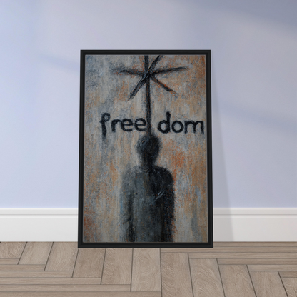 Framed artwork featuring a silhouetted figure and the word freedom for Liberation Illusive Dream