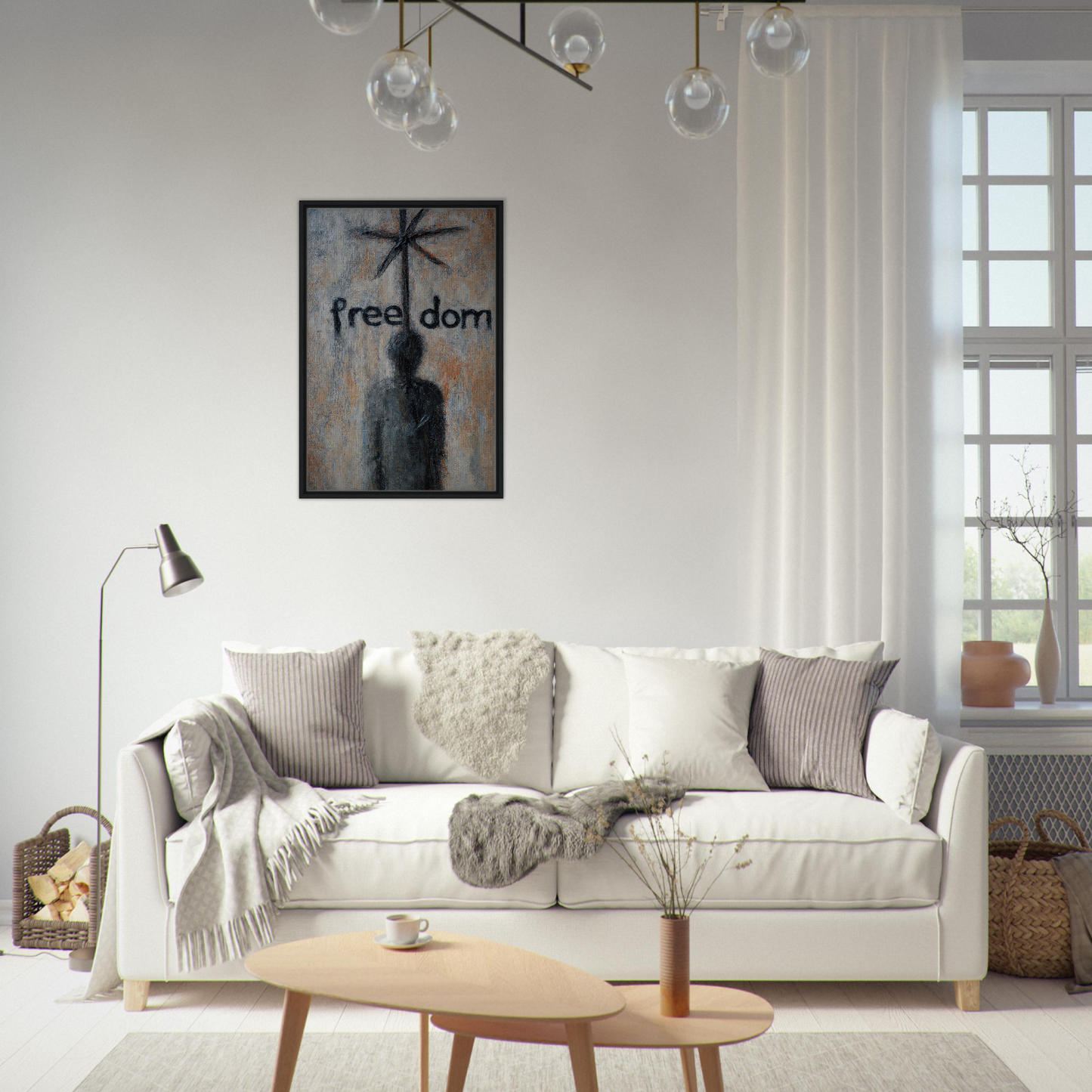 White sofa with throw pillows and blankets from Liberation Illusive Dream for stylish room decor