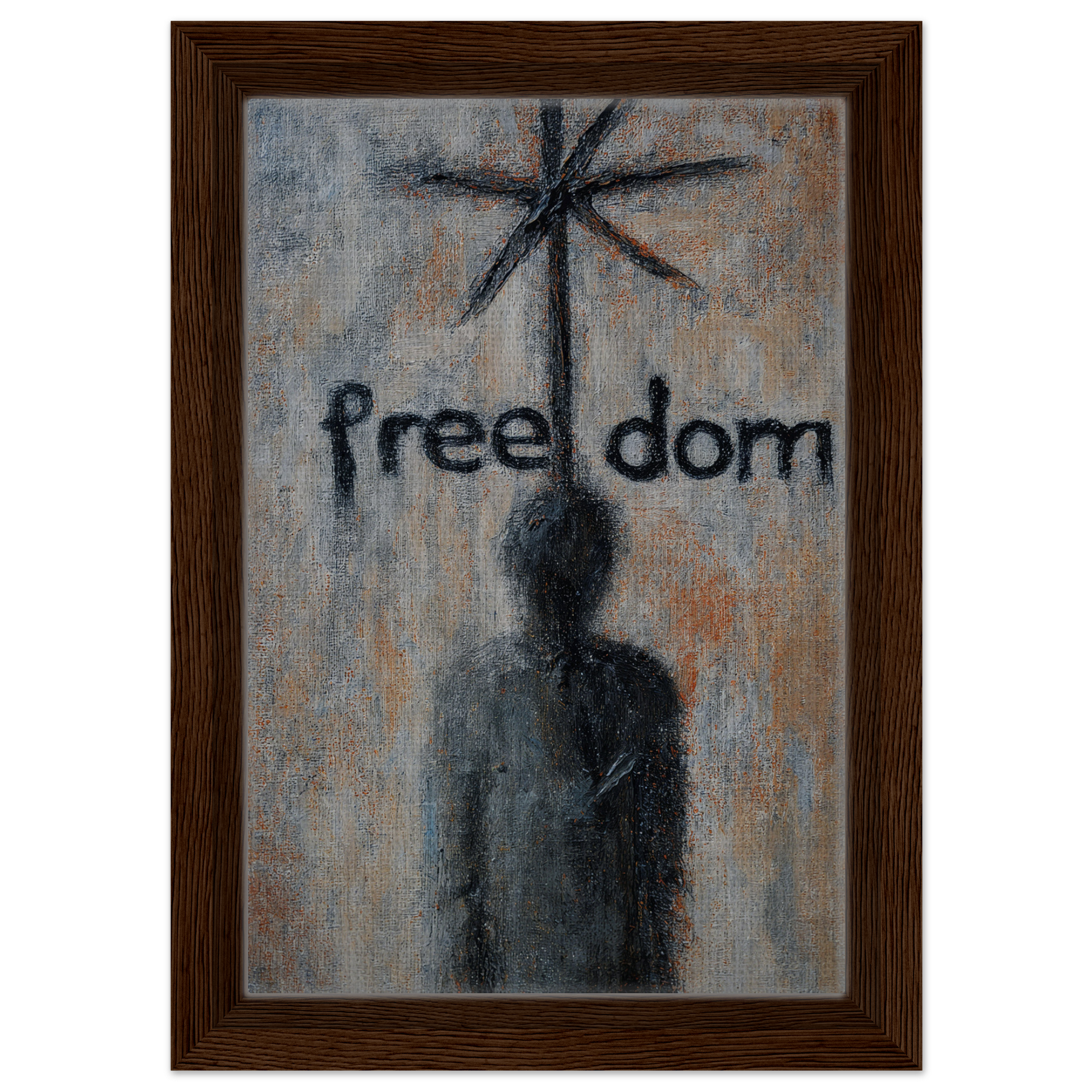 Painting of a shadowy figure under the word freedom in Liberation Illusive Dream artwork