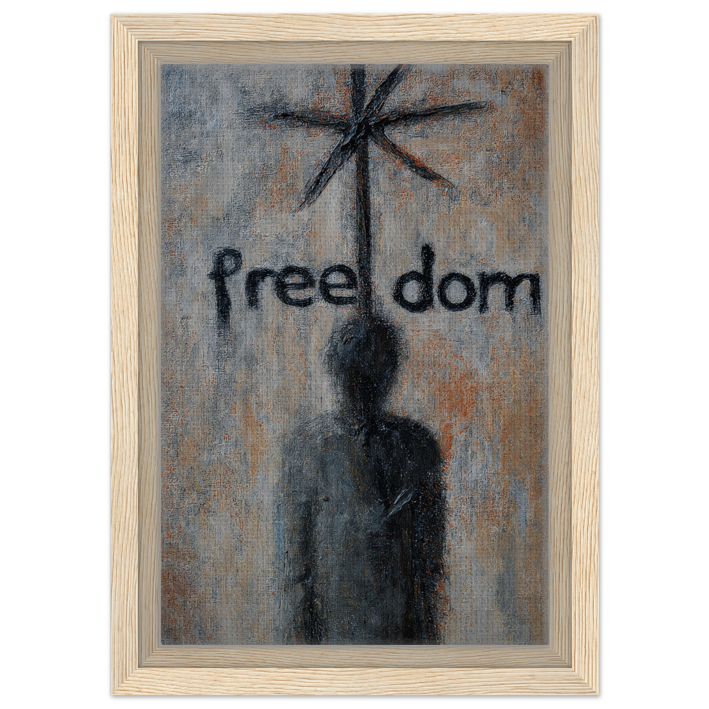 Framed painting of a silhouetted figure under the word freedom for Liberation Illusive Dream decor