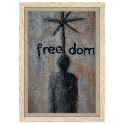 Framed painting of a silhouetted figure under the word freedom for Liberation Illusive Dream decor