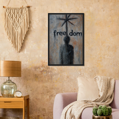 Framed canvas print of a silhouetted figure with freedom and a palm tree, Liberation Illusive Dream