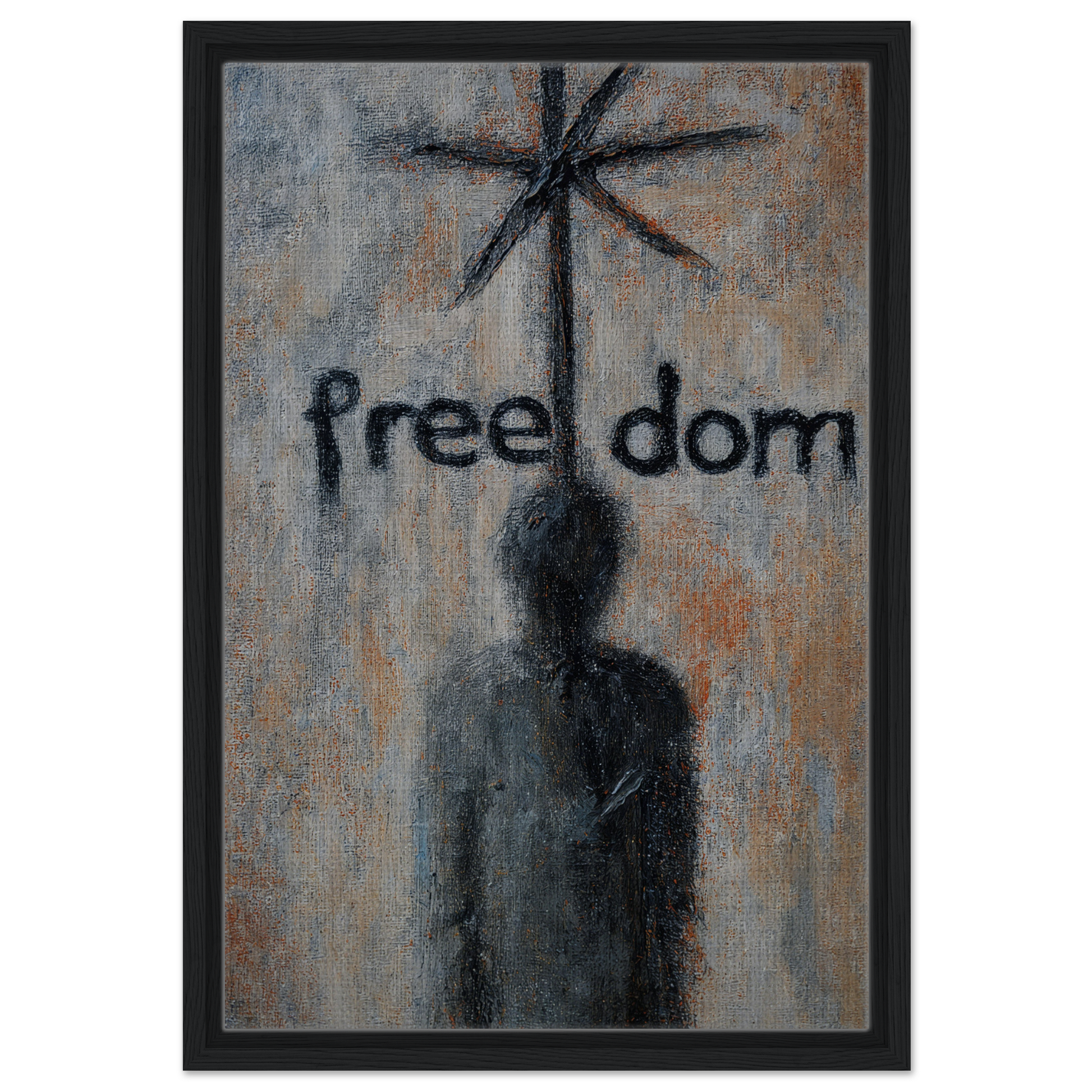 Painting of a shadowy figure with freedom above, part of Liberation Illusive Dream decor