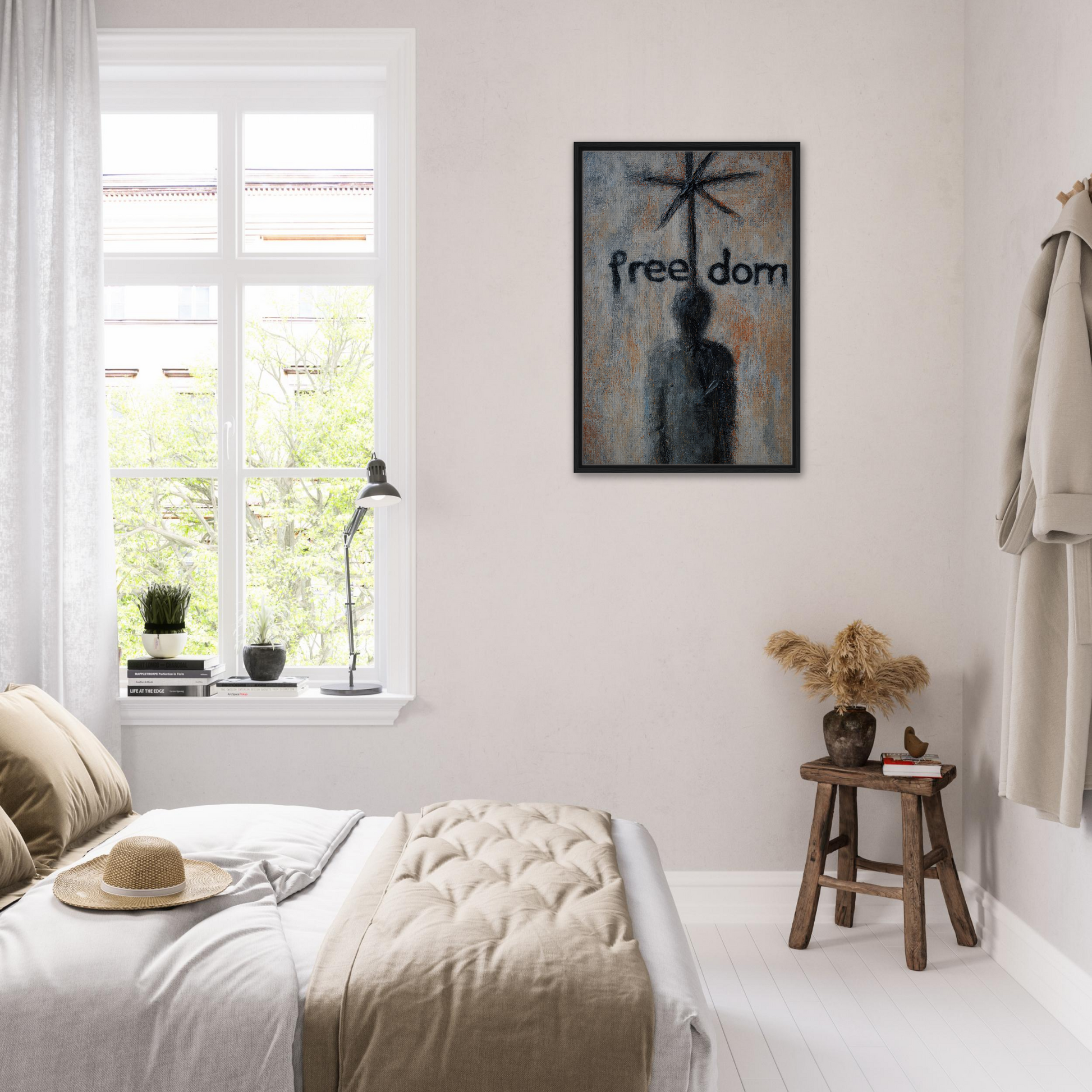 Bright, minimalist bedroom featuring Liberation Illusive Dream artwork as focal point