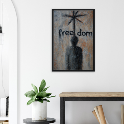 Framed canvas print of a silhouetted figure with freedom above, Liberation Illusive Dream