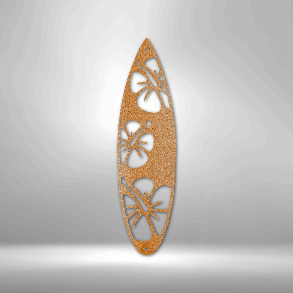 Surfboard-shaped wooden cutout with hibiscus flower designs.