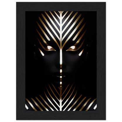 Stylized face with geometric gold and white patterns on a black background.