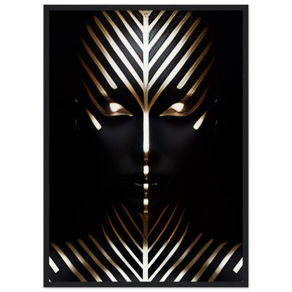 Stylized face composed of geometric gold and white lines against a dark background.