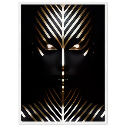 Stylized face with geometric gold and white patterns against a dark background.