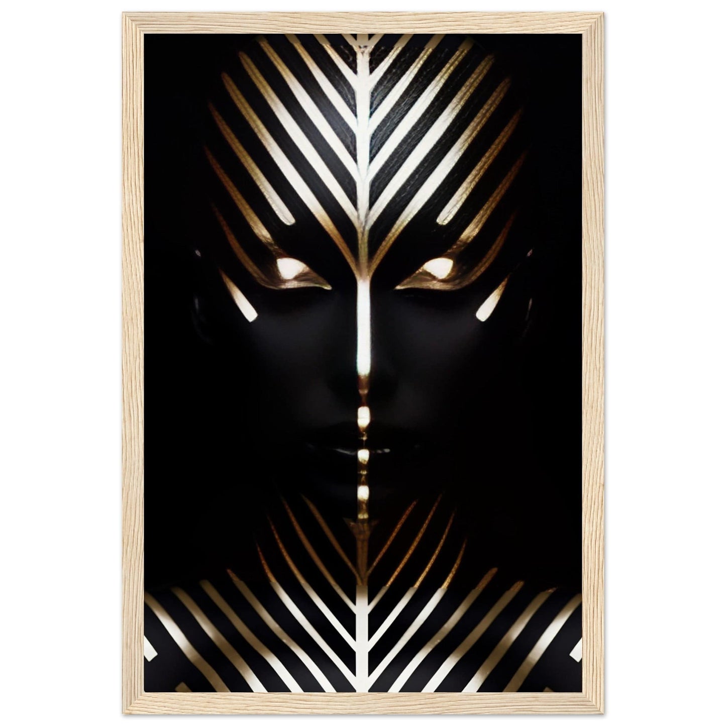 Stylized face with geometric gold and white patterns against a black background.