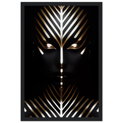 Stylized face with geometric gold and white patterns against a black background.