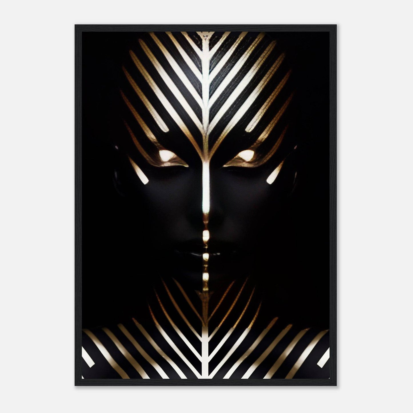 Stylized face with geometric gold and white patterns on a black background.