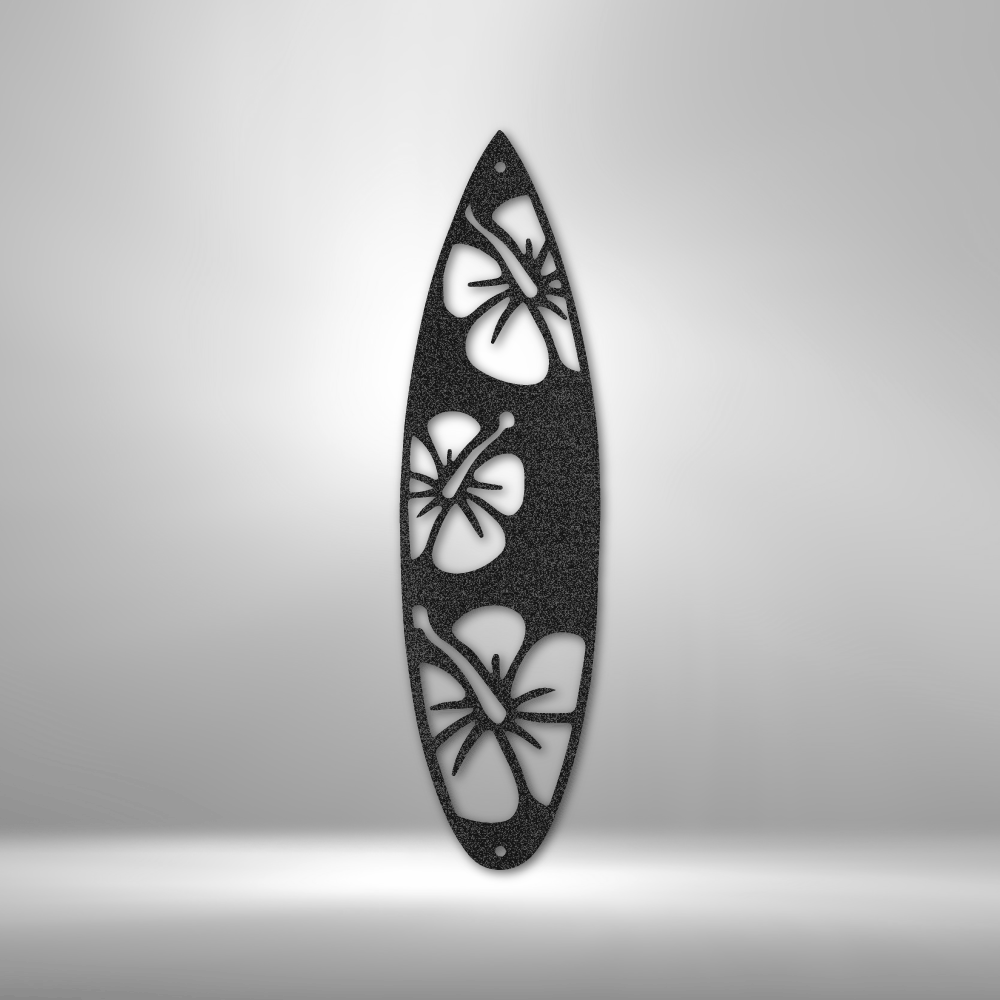 Surfboard-shaped silhouette with hibiscus flower cutout designs.