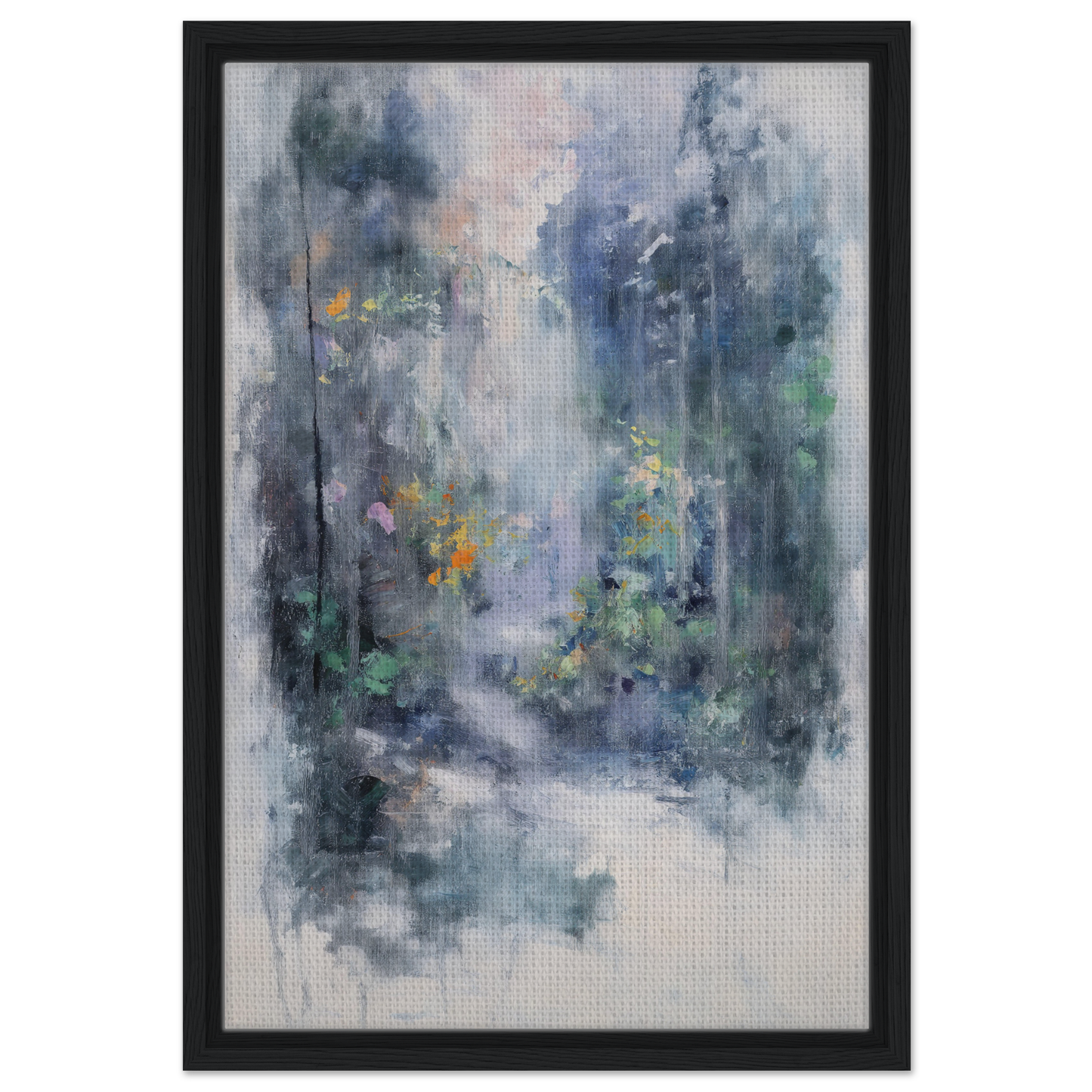 Abstract painting of misty forest shapes in muted blues and grays for Liquid Twilight Hues