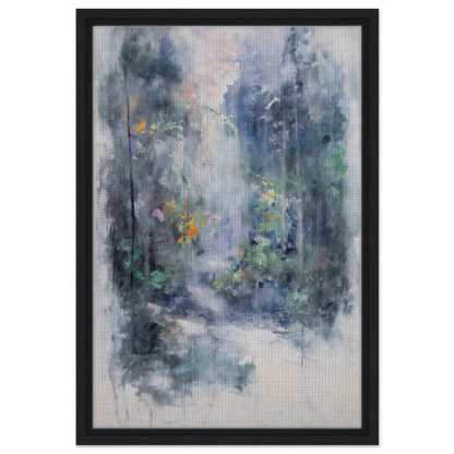 Abstract painting of misty forest shapes in muted blues and grays for Liquid Twilight Hues