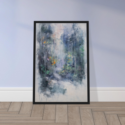 Framed canvas print of Liquid Twilight Hues featuring a misty forest in muted tones